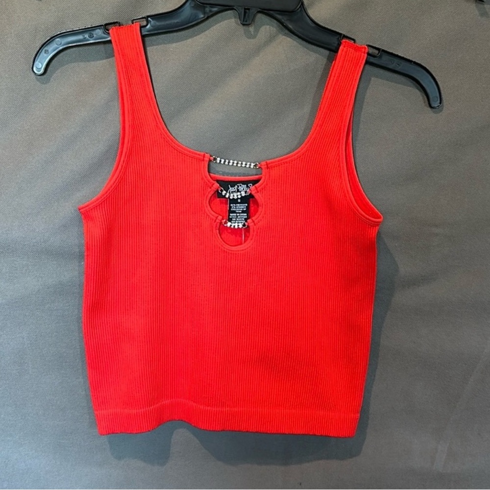 Red Ribbed Tank Top with Rhinestones - Picture 2 of 4